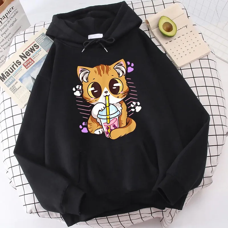 

Милый Кот питьевой молочный чай Kawaii флисовая толстовка с капюшоном Harajuku уличная одежда Смешные Мультяшные женские пуловеры для девочек теп...