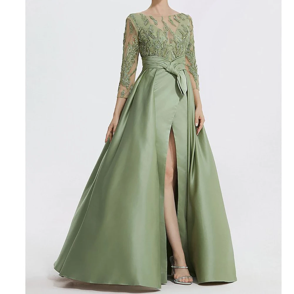 Платье женское вечернее атласное с длинным рукавом круглым вырезом и разрезом