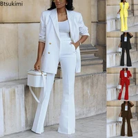 basic elegant womens tracksuit double breasted blazers and straight flare pants suit matching two 2 piece set outfits female