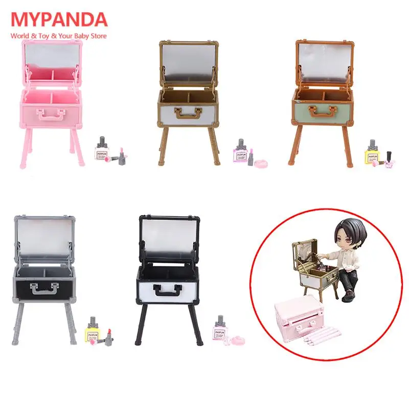 

Hot 1Set 1:12 Dollhouse Mini Vanity Cosmetic Case Lipstick Perfume Air Cushion Mirror With Holder Furniture Decor Play House Toy