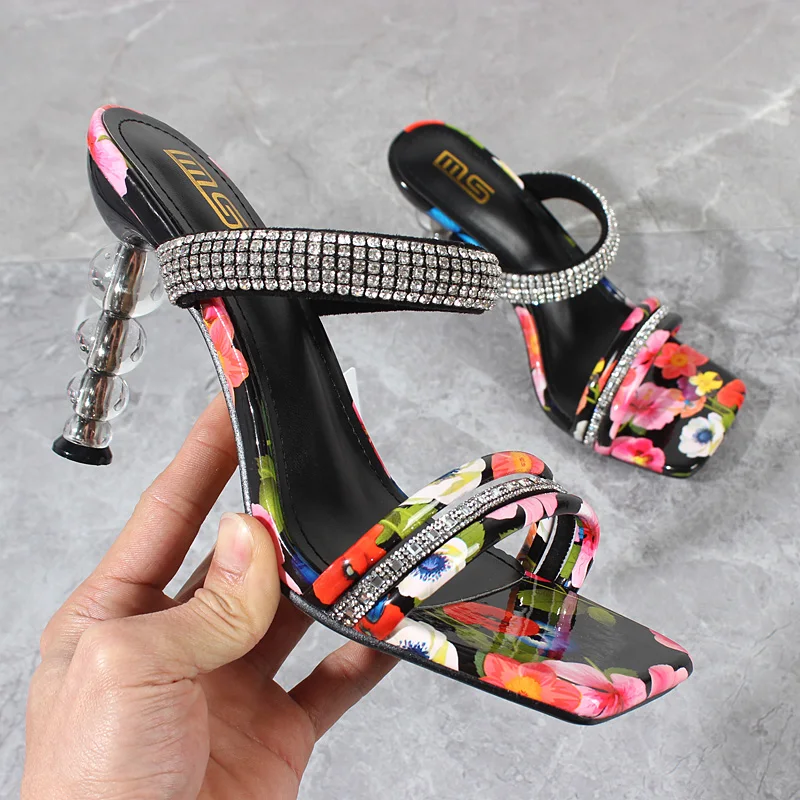 

Women Sandals 2022 Summer New Patent Leather Print Crystal High Heels Fashion Outer Slippers Comfortable Sexy Women's Sandals