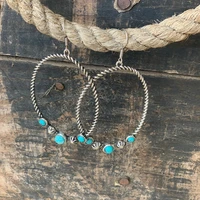 bohemian round hollow blue stone earrings vintage silver color metal twist handmade drop dangle earrings for women jewelry