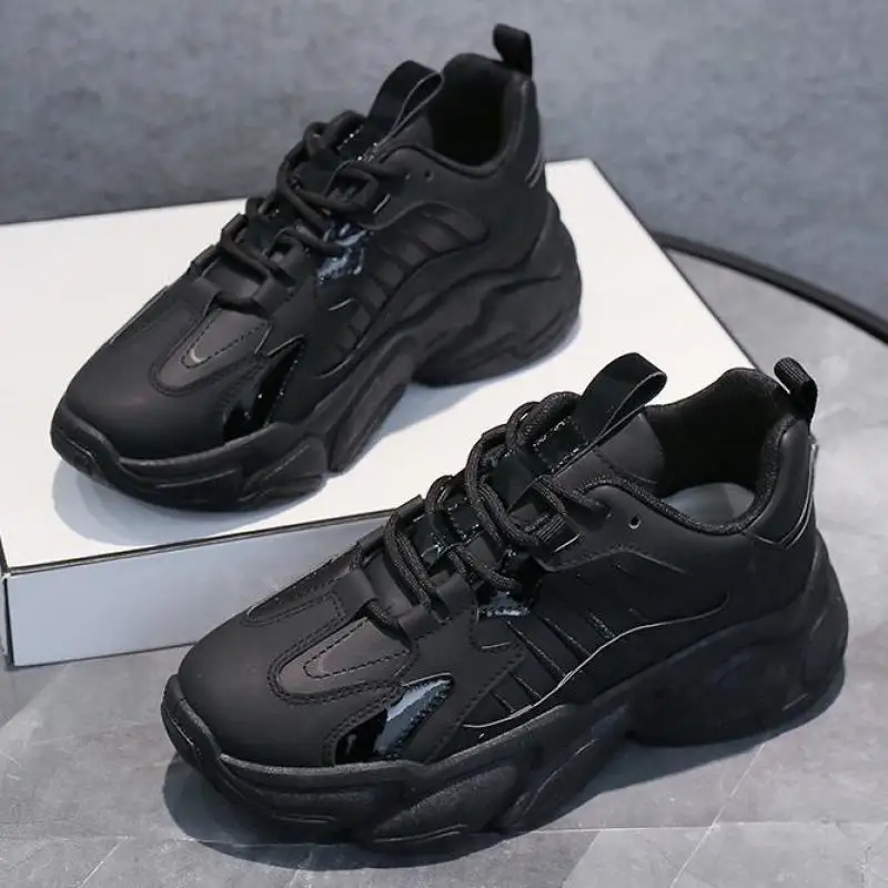 

Women's Shoes Black Leather Autumn Korean Platform Sneakers Women's Shoes Thick Sole Rubber Non-slip 2023 New Casual Shoes