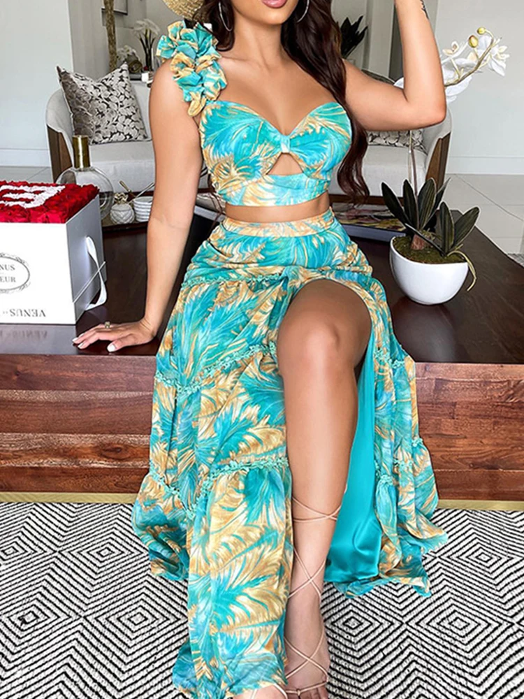 

Seedtotree Chic Print Sexy One Shoulder Cutout Crop Tops & Slit Maxi Skirts Set Summer Women Two Piece Set Outfits