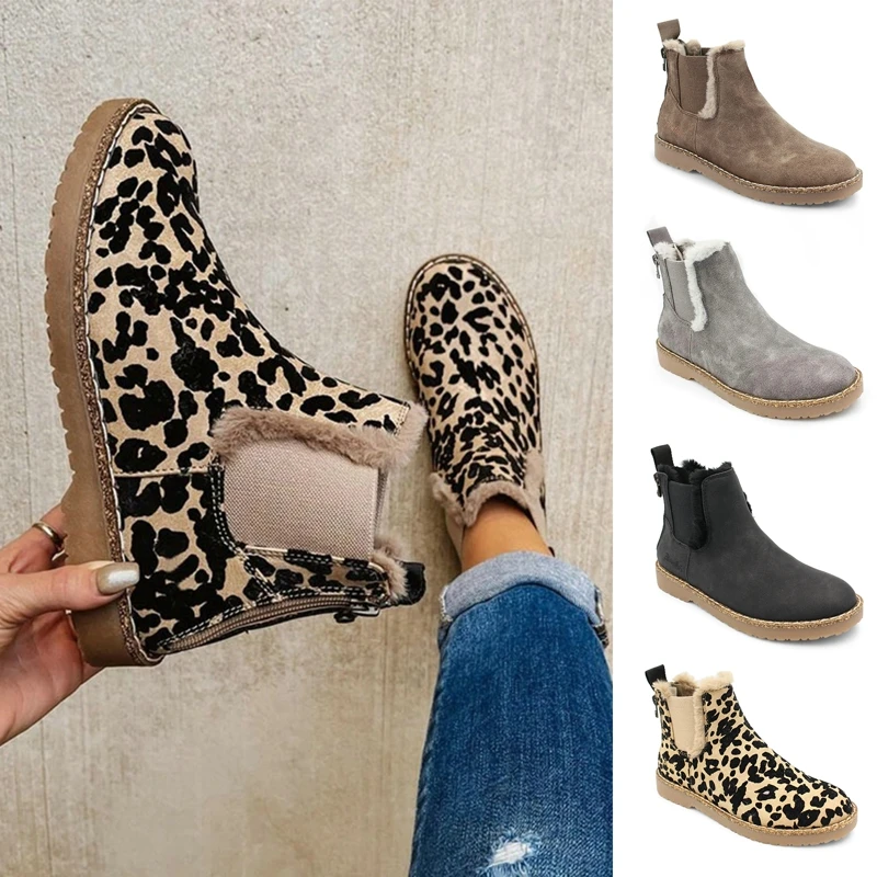 

Женские ботинки из ПУ кожи, с леопардовым принтом, на низком каблуке