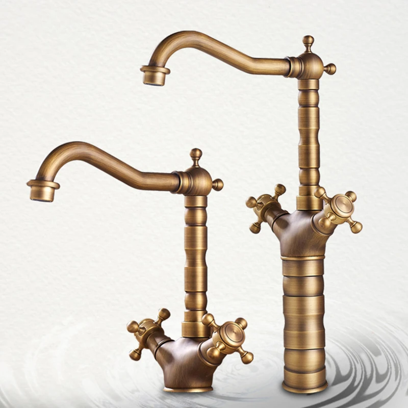 

Antique Mixer Bathroom Faucet Brushed Taps Gold Two-handle Hot and Cold Rotatable Brass Faucets Crane Torneira Cascata Dourada