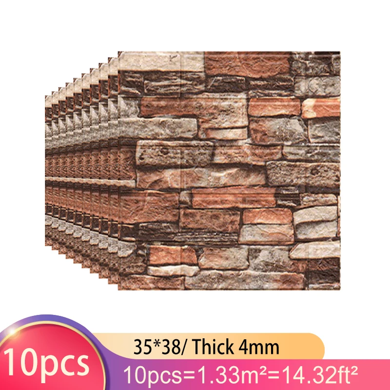 

10 Pcs Self-adhesive 3D Panels Wallpaper Waterproof Foam Wall Stickers 38x35cm Tile Brick Living Room TV Background Decals