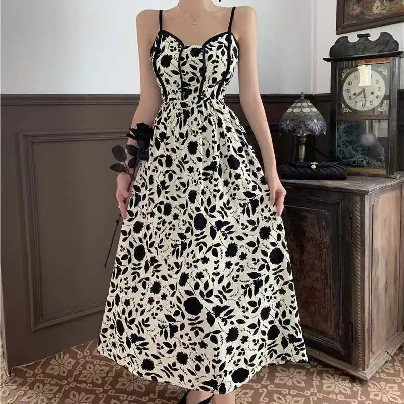 

HOUZHOU Vintage Floral Spaghetti Strap Dress Women Corset Elegant Chic Party Formal Long Dresses Backless Summer Beach Sundress