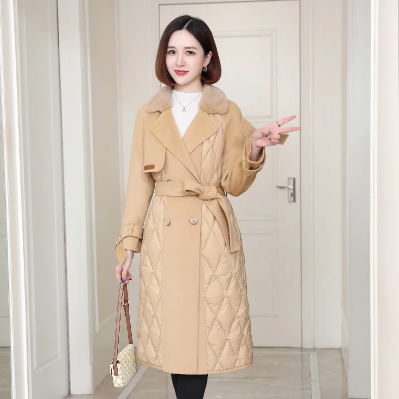 

European designer Khaki Luxury double-sided cashmere woolen trench outerwear goose down fashion belted woolen overcoats