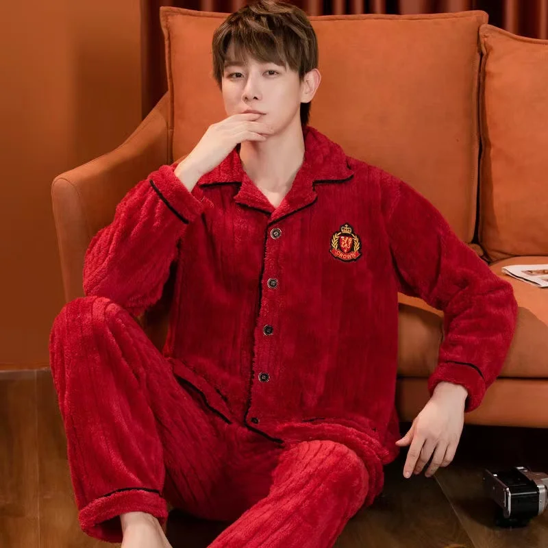 Pajamas Sets Men Winter Thicken Warm Pyjamas Plus Size Coral Fleece Long Sleeve Trousers Homewear Soft Sleepwear Home Clothes