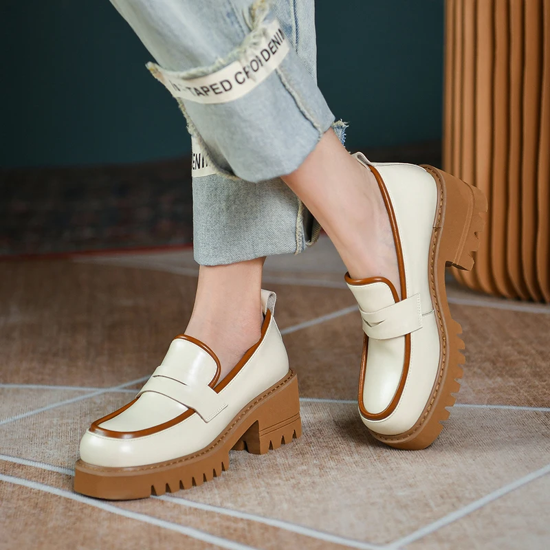 Туфли-лодочки женские на толстой подошве из натуральной кожи | Обувь