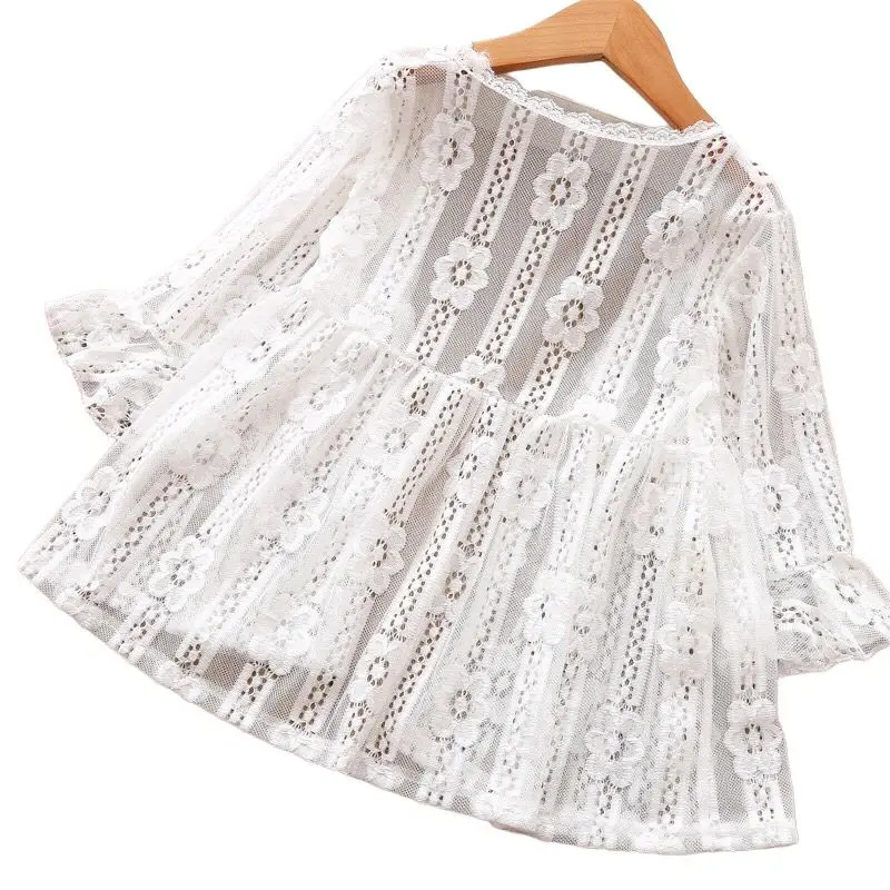 Новая белая блузка для девочек кардиган Детская тонкая верхняя одежда летняя