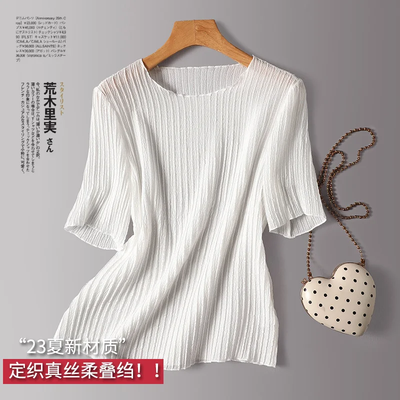

Thin New 93% Natural Silk Shirts for Women Office Lady Summer Tops Tees O-Neck Classic Style T Shirt Women Clothing