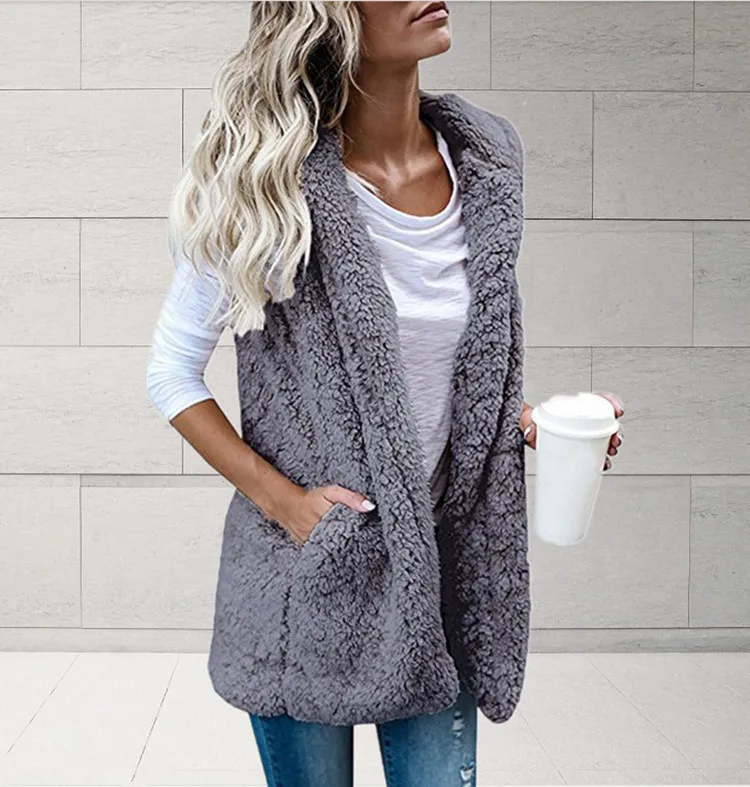 Autumn Winter plus Size Women's Clothing Fashion Solid Color Sleeveless Hooded Pocket Waistcoat Furry Vest