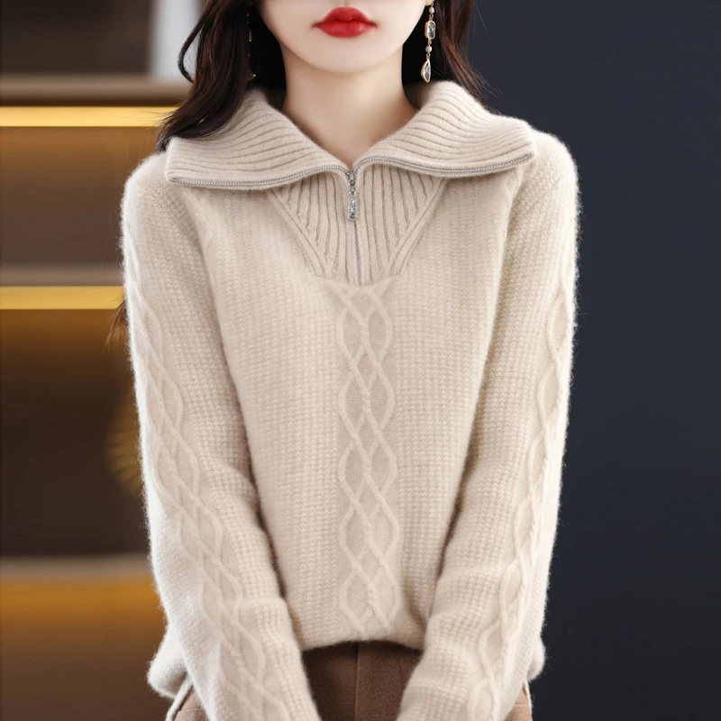 Autumn Winter Heavy Thickened Woolen Sweater Women's Half Zipper Twisted Turtleneck Wool Knit