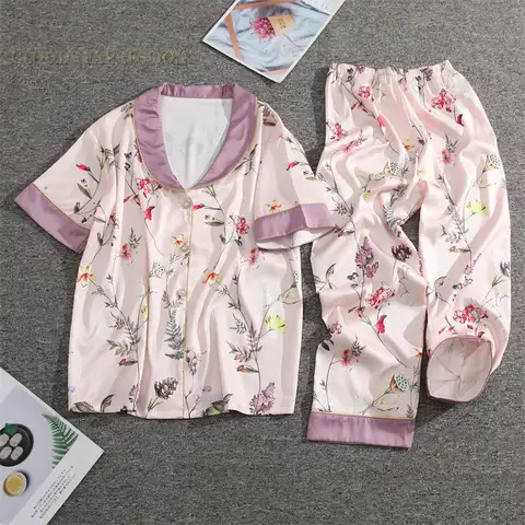 Spring Summer Ladies Faux Silk Polyester Elegant Pajama Sets Sexy Homewear Womens Casual Luxury Pajamas Pajamas Female Sleepwear
