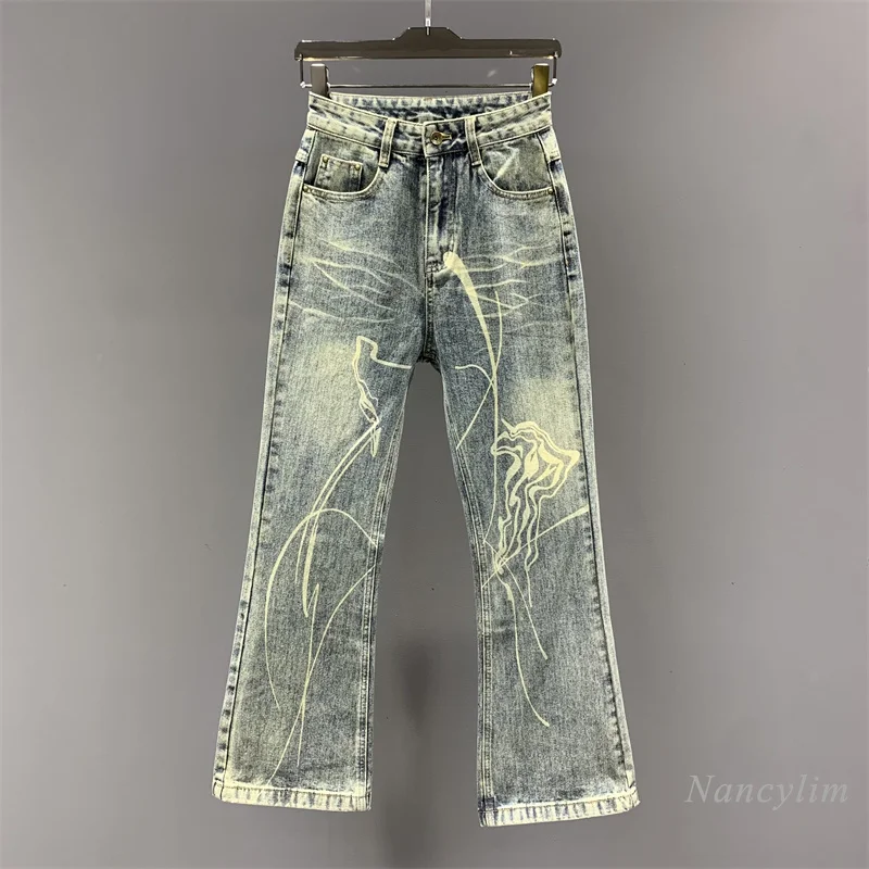 

2023 Fall New Personalized Painted Design Denim Bell-Bottom Pants Women All-Matching Slim Fit Mopping Pants Long Jeans