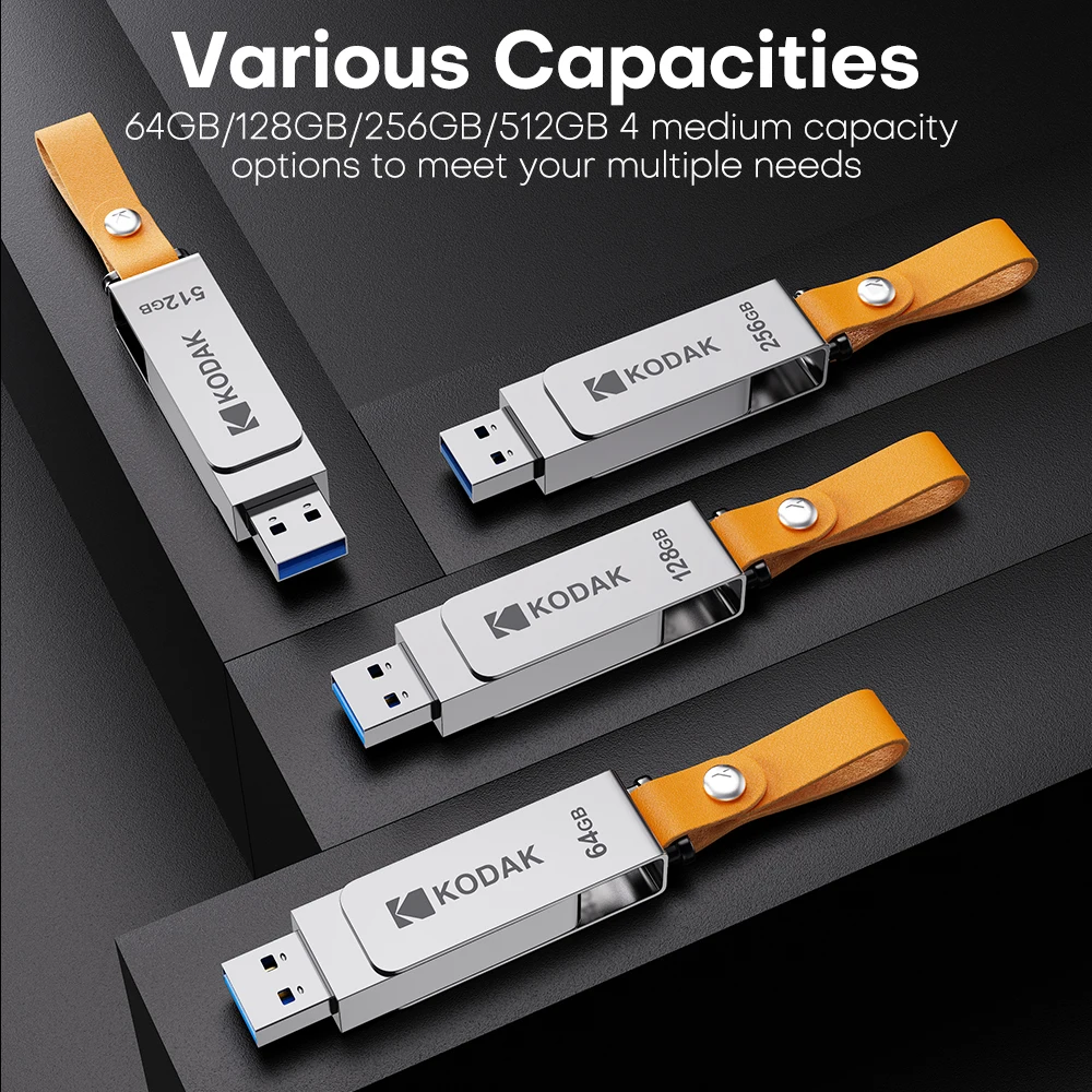 Флеш-накопитель KODAK K133 USB 3.1, 64 ГБ, 128 ГБ, 256 ГБ, металлический поворотный USB-накопитель, высокоскоростная флешка с кожаным брелоком для ПК и ноутбуков. (art.: 3920dcc35c21a) - 3920dcc35c21a