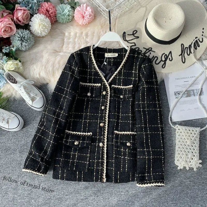 

black Retro Plaid Wool Brends Coat Women Luxury Designer Brand Fashion V Neck Plaid Wide Waisted Tweed Woman Jacket korea style