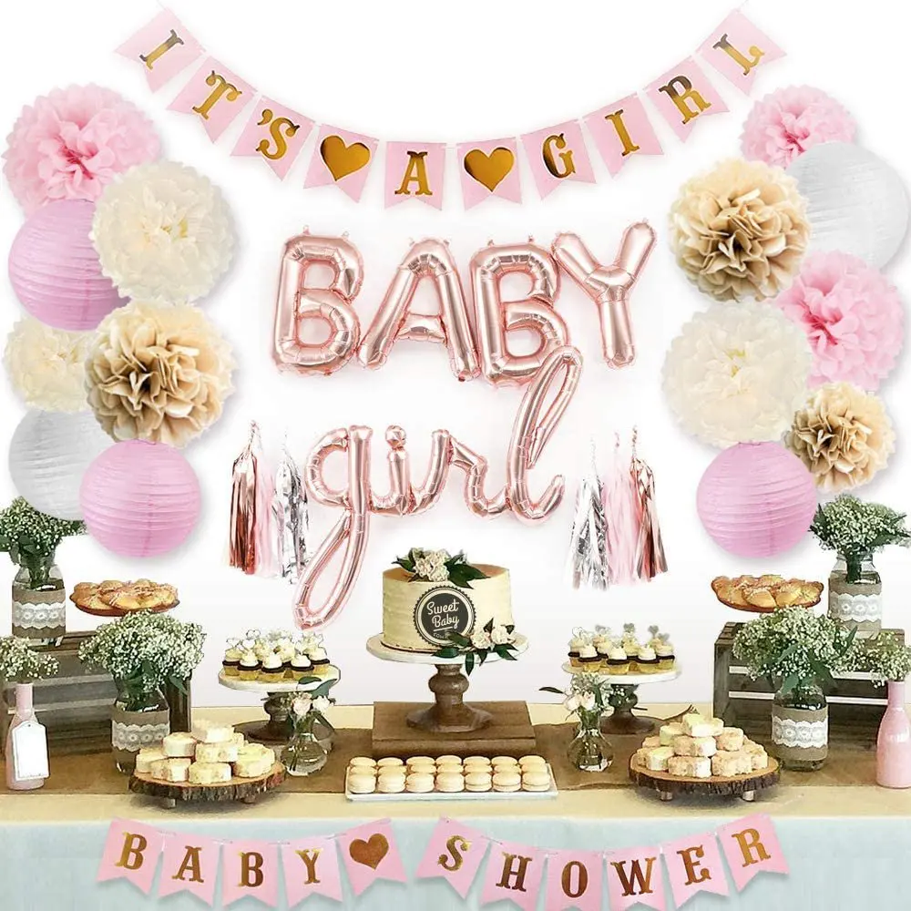 

Sweet Baby Co. Pink Baby Shower Decorations for Girl with Its a Girl Banner, Baby Girl Letter Balloons, Flower Pom Poms, Paper L