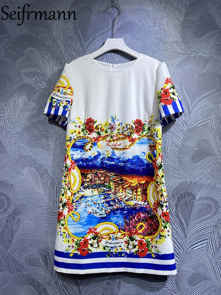 Seifrmann High Quality Summer Women Fashion Designer Mini Dress Short Sleeve Gorgeous Crystal Beading Multicolor Printed Dresses