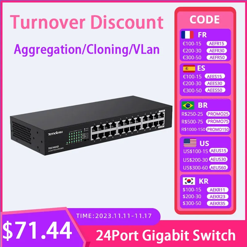 

Tenda TEG1024D Full Gigabit 24-port RJ45 Network Switch 1000M Monitoring Security Switching Splitter Ethernet Hub Office Lan