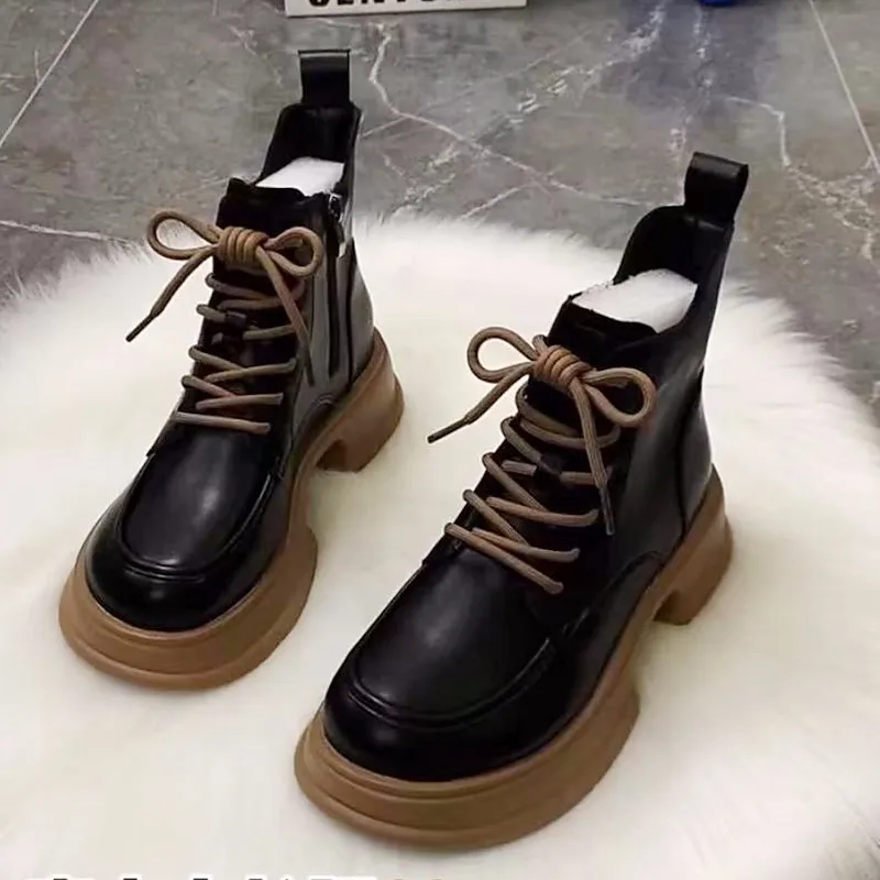 

Round Toe Women's Boots Autumn Luxury Designer Lace Up Shoes Boots-Women Genuine Leather Fashion Rock Rubber 2022 Ankle Med Loli