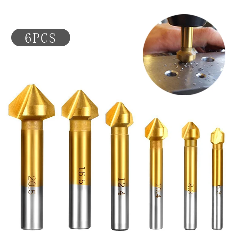 6.3-20.5MM 6pcs Titanium Round Shank 3 Flute 90 Degree HSS Chamfer Chamfering Cutter End Mill Tool Countersink Drill Bit Set