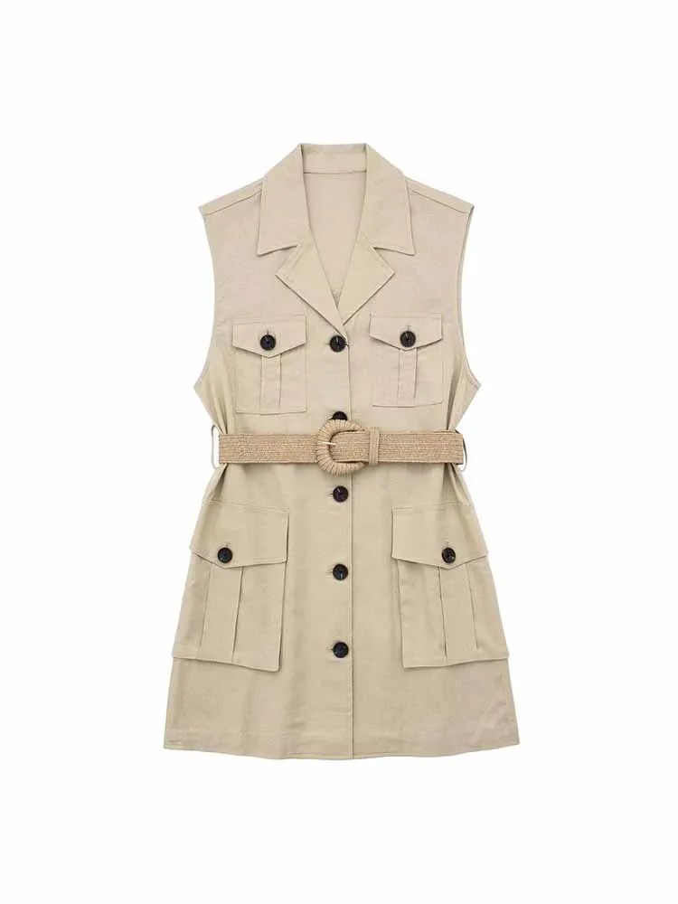 

BSK&ZA&TRF Women 2023 New Fashion With belt Long style Linen Vest Coat Sleeveless Button-up Female Waistcoat Chic Tops 4745/021