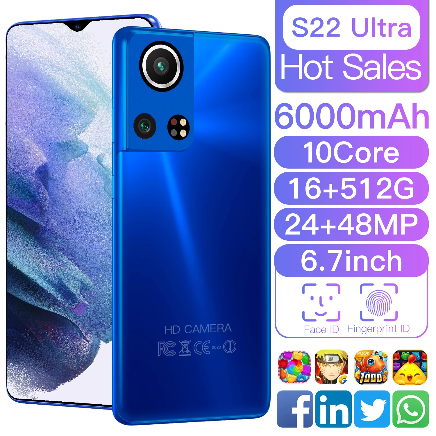 

Смартфон Global S22 Ultra, 6,7 дюйма, 16 + 512 ГБ, 10 ядер, 24 + 48 МП, Android 10,0