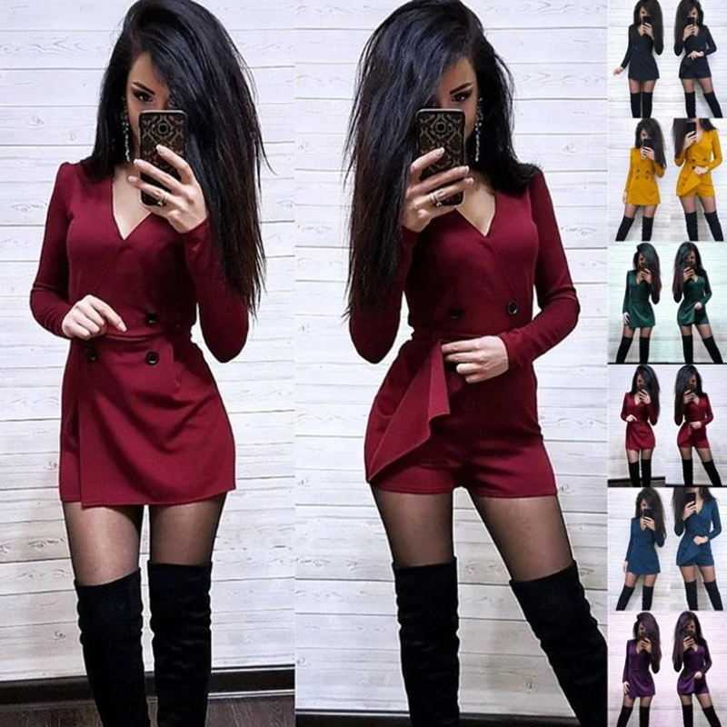 

Chic Women Playsuits Solid Color Long Sleeve V Neck Double-breasted Short Playsuit Jumpsuit Women's Playsuits