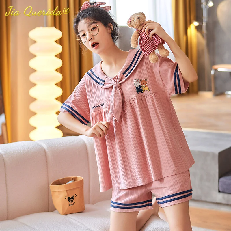 

Kawaii, темно-синие летние шорты с отворотом для женщин, милый рисунок, вырез лодочкой, студенческий пижамный комплект для девочек, хлопковая П...