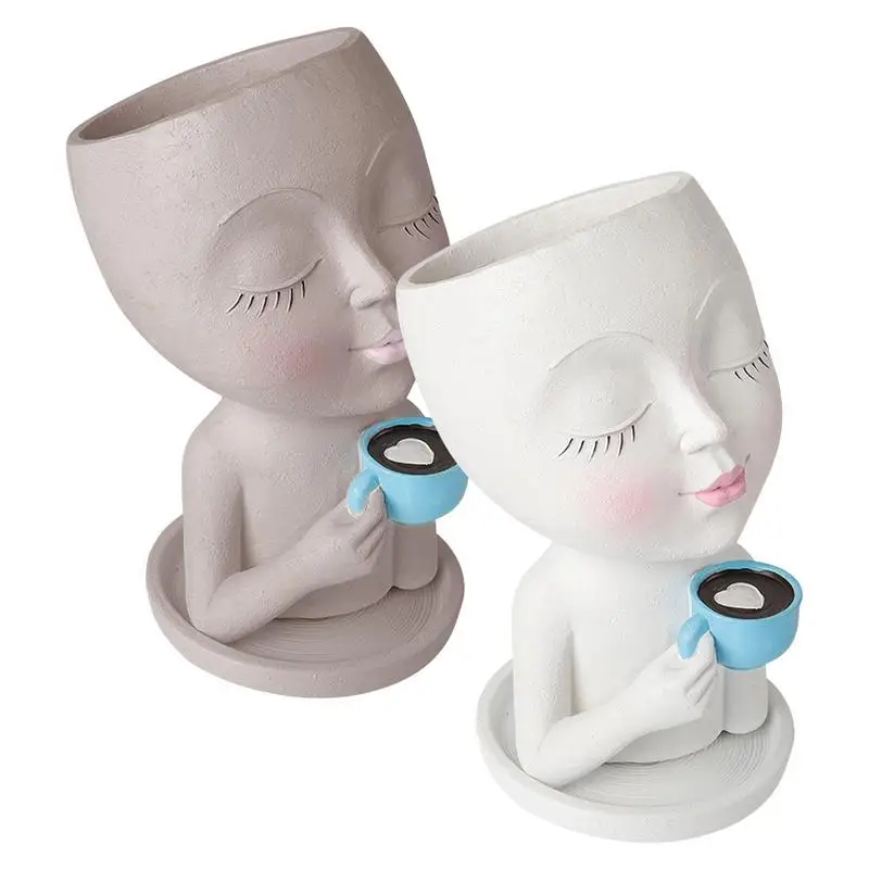 

Fun Succulent Head Planter Face Planter Drinking Coffee With Drainage Hole Closed Eyes Plant Pot Resin For Orchid Succulent
