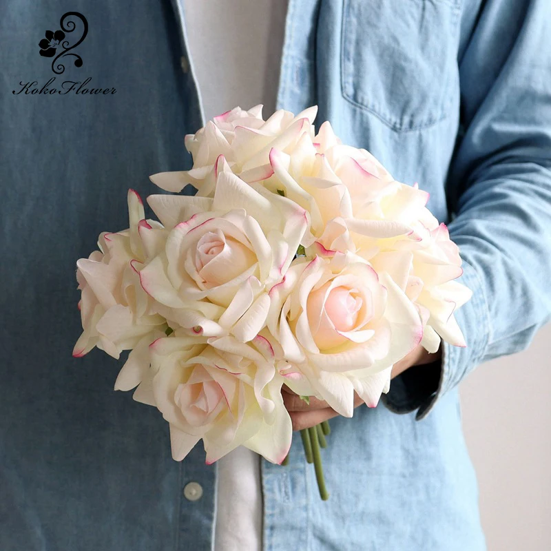 

Koko Flower 5 Head Real Touch Artificial Rose Flowers Looking Blush Fake Roses Wedding Silk Bouquets Party Office Home Decor