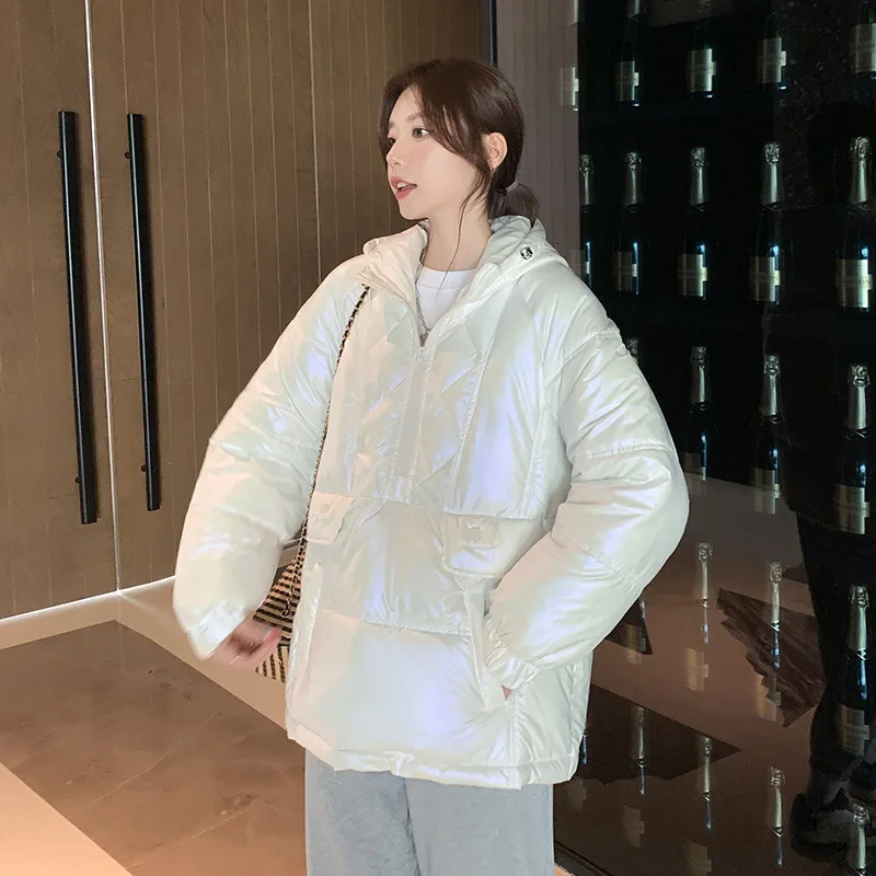 GRELLER 2022 New Winter Jacket Women Clothes Oversized Bright Shiny Hooded Puffer Jacket Women's Thickened Pullover Down Jacket