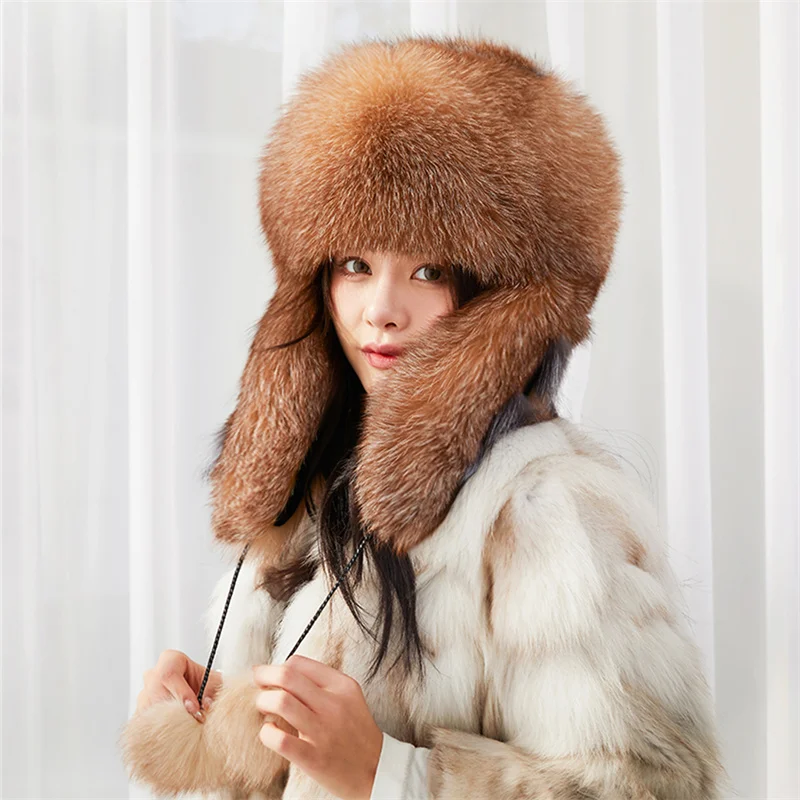 100% Real Fox Fur Hats 2022 New Women's Ushanka Aviator Trapper Ski Hat Earmuff Winter Raccoon Fur Baseball Hat Warm Fur Hat