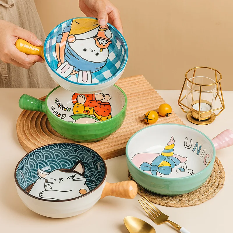 

Ceramic Handle Bowl Home Fruit Salad Bowl Microwave Soup Noodle Baked Rice Bowl Creative Cute Instant Noodle Bowl Tableware