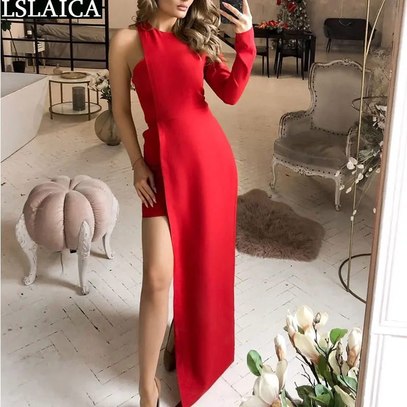 

One Shoulder Bodycon Dress for Women Fashion Irregular Long Sleeve Evening Party Maxi Dress Elegant Slim Autumn Summer Dress