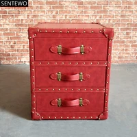SENTEWO American Industrial Style Bar Cabinet for Home Use Red Leather Loft Industrial Style Side Table Aluminum Storage Trunk