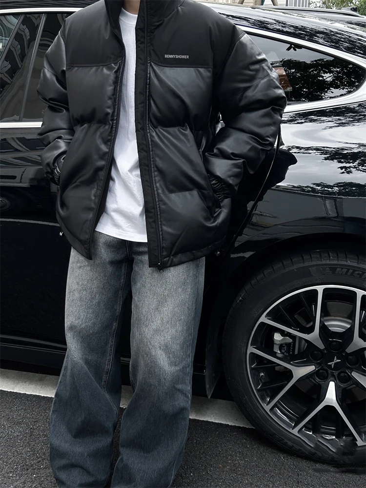 Мужской зимний пуховик из искусственной кожи с воротником-стойкой American-Sle модная