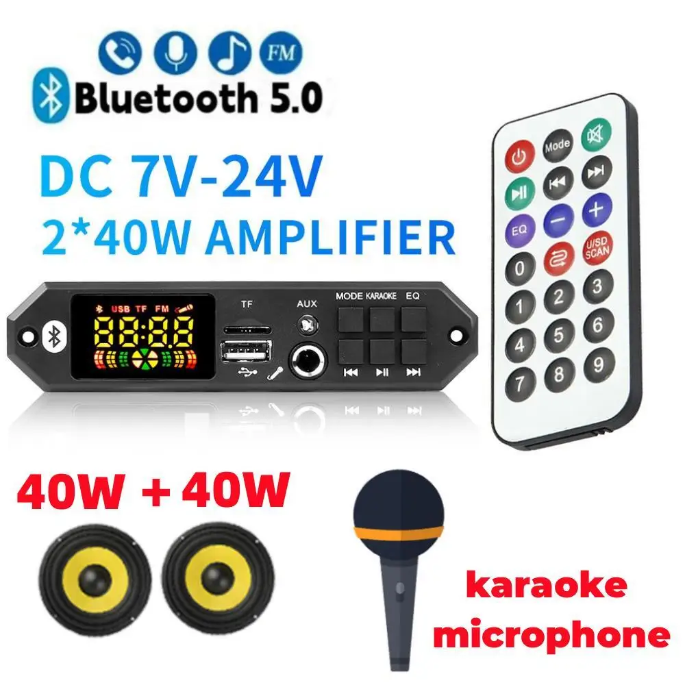 

2*40W 80W Amplifier Bluetooth DIY MP3 Decoder Board 12V Car MP3 Player Microphone FM Radio Module TF USB Handsfree Call Record