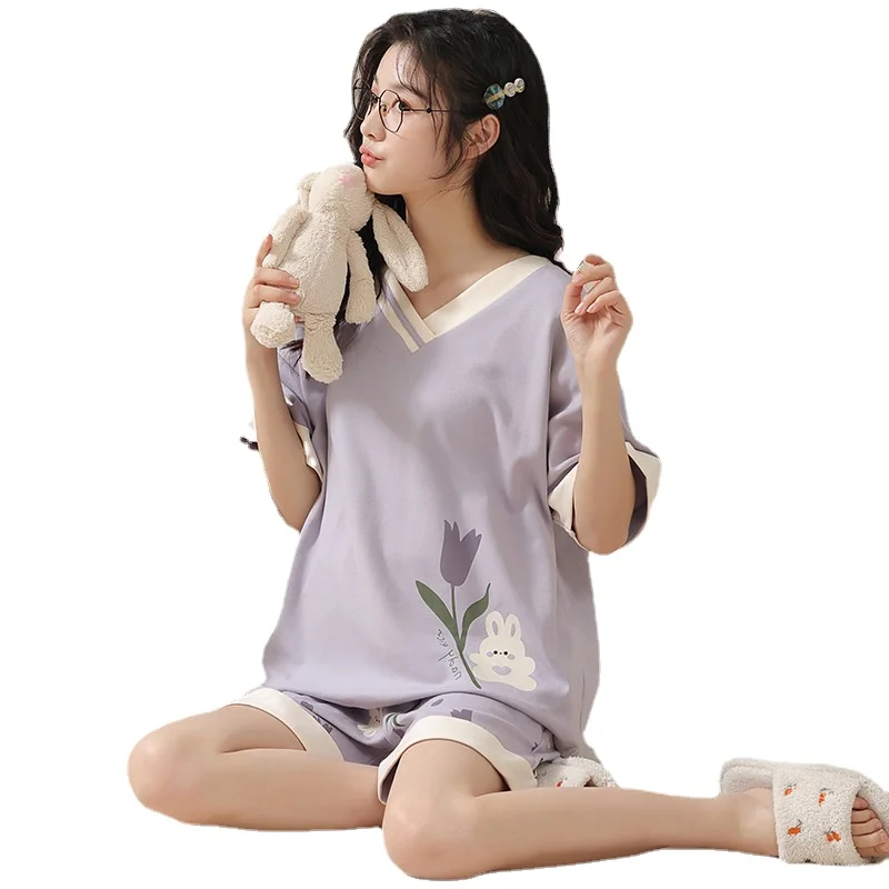 Pajamas Women Summer Cotton Cute Cartoon Short-sleeved Shorts with Turn-over Collar Thin Home Service Suit Breathable Loungewear