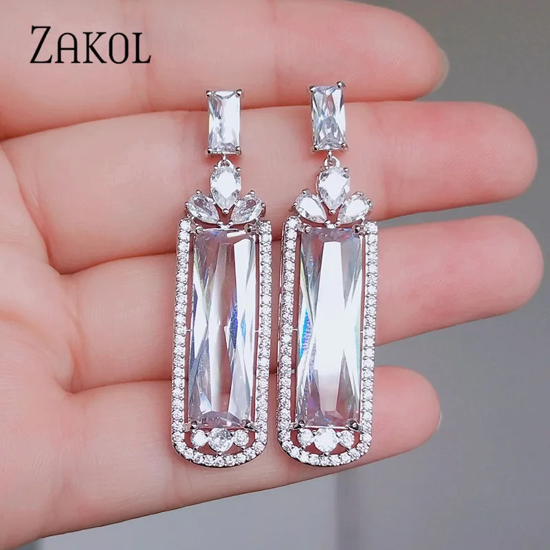 

ZAKOL Transparent Big Baguette Cubic Zirconia Long Drop Earrings for Women Wedding Dinner Party Jewelry FSEP2326
