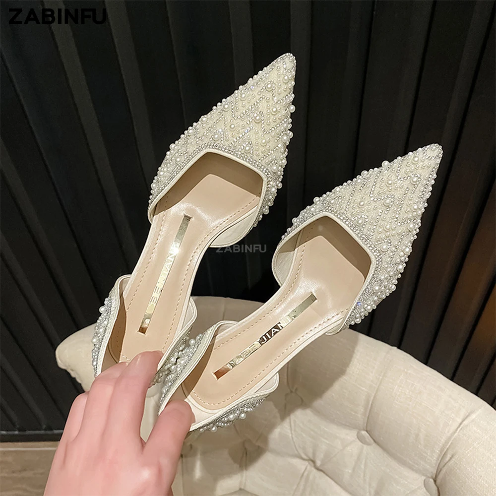 Women Low Heels 2023 Luxury Women Shoes Studded With Pearls Rhinestone Sexy Wedding Shoes Bride Elegant Slip On Party Prom Shoes