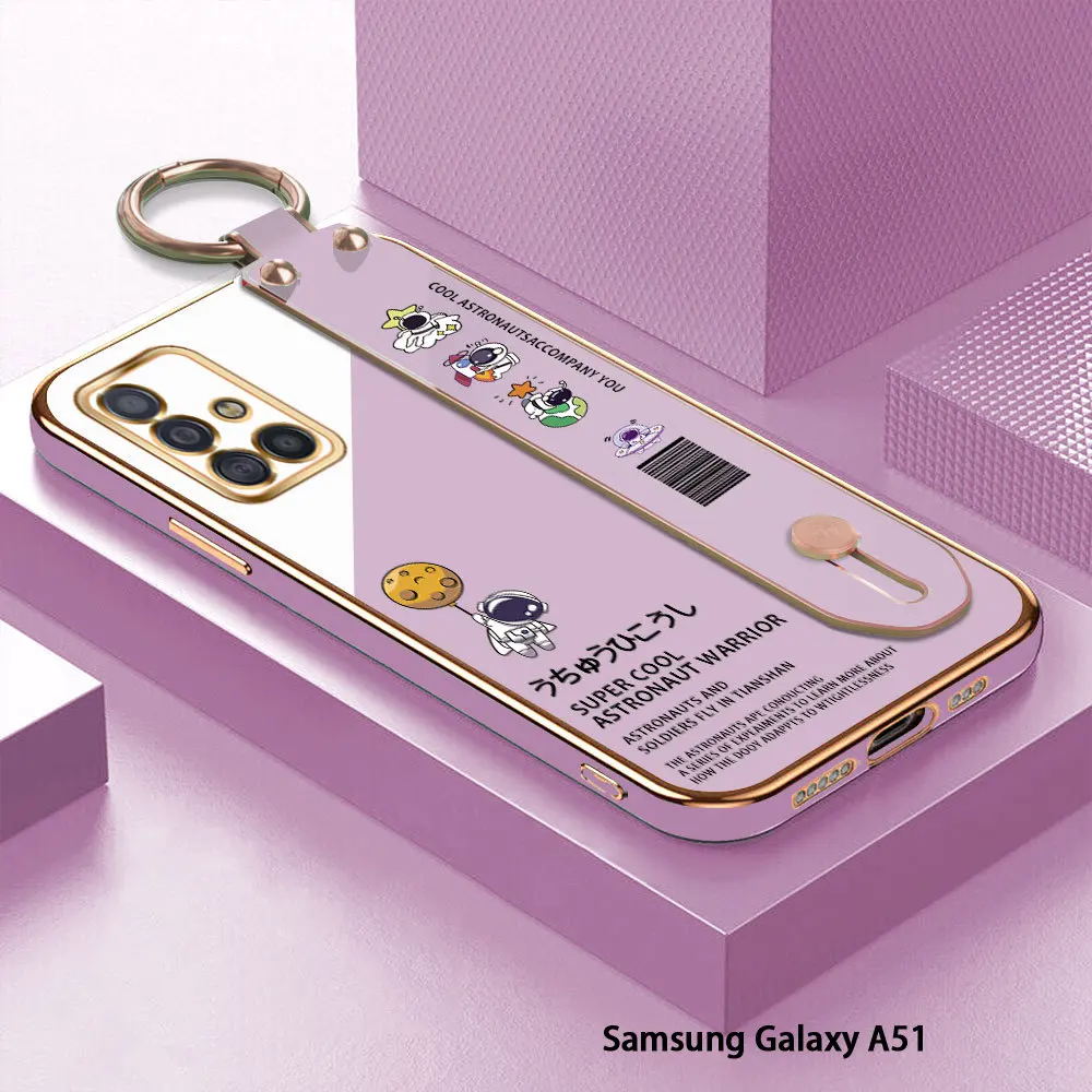 

(With Wristband) For Samsung Galaxy A51 A71 A31 A21S A11 M11 Cartoon Astronaut Pattern Back Cover Luxury Plating TPU Phone Case