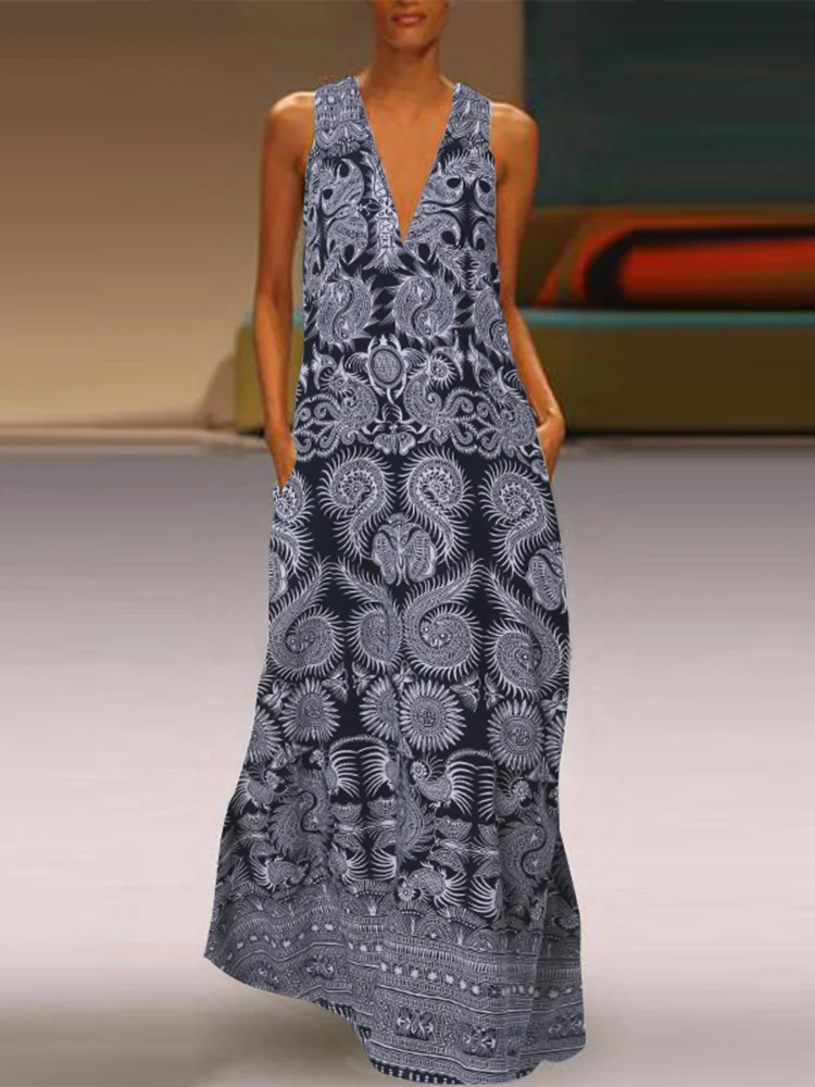 

Printed Maxi Dress ZANZEA 2022 Women's Sundress Casual Summer Long Vestido Female V Neck Party Robe Femme Linen Dress Kaftan
