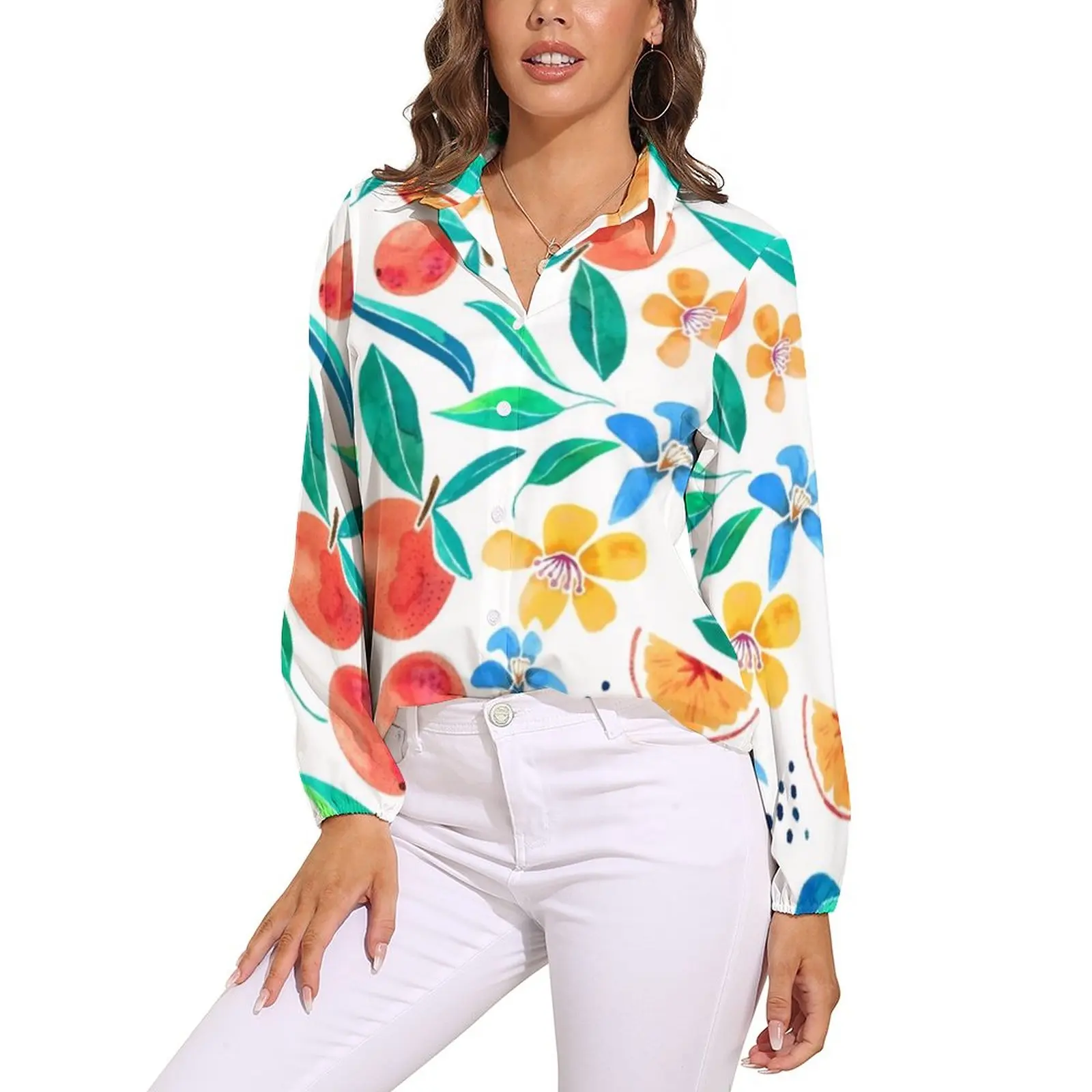 

Блузка женская с длинным рукавом, милая Повседневная рубашка с акварельным принтом апельсинов, с принтом листьев и цветов, весенняя одежда ...