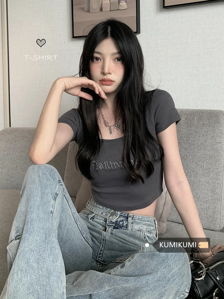 

Letter Print Fashion Women Tees Sexy Square Neck Crop Short T-Shirt Tops