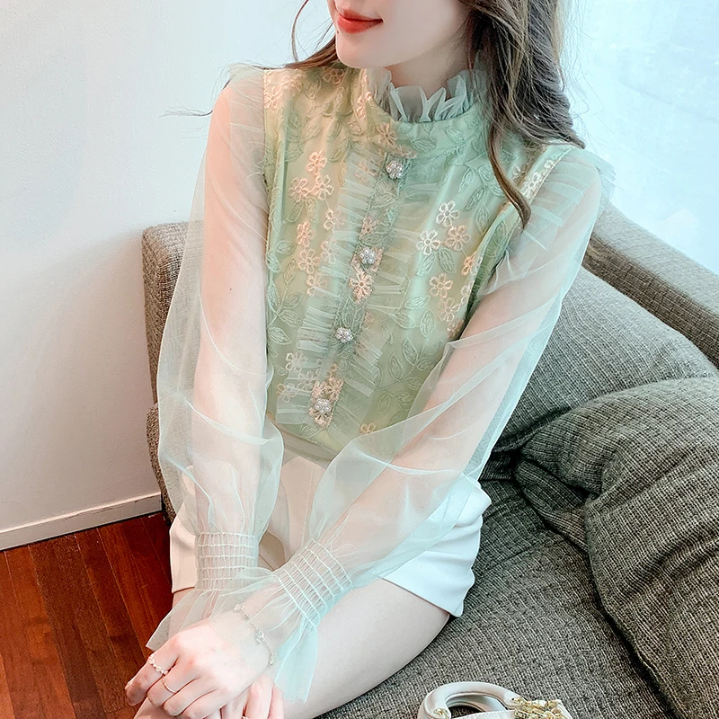 

French Lace Mesh Chiffon Embroidery Shirt Women's Autumn 2022 New Fashion Western Top Long Sleeve Blouses