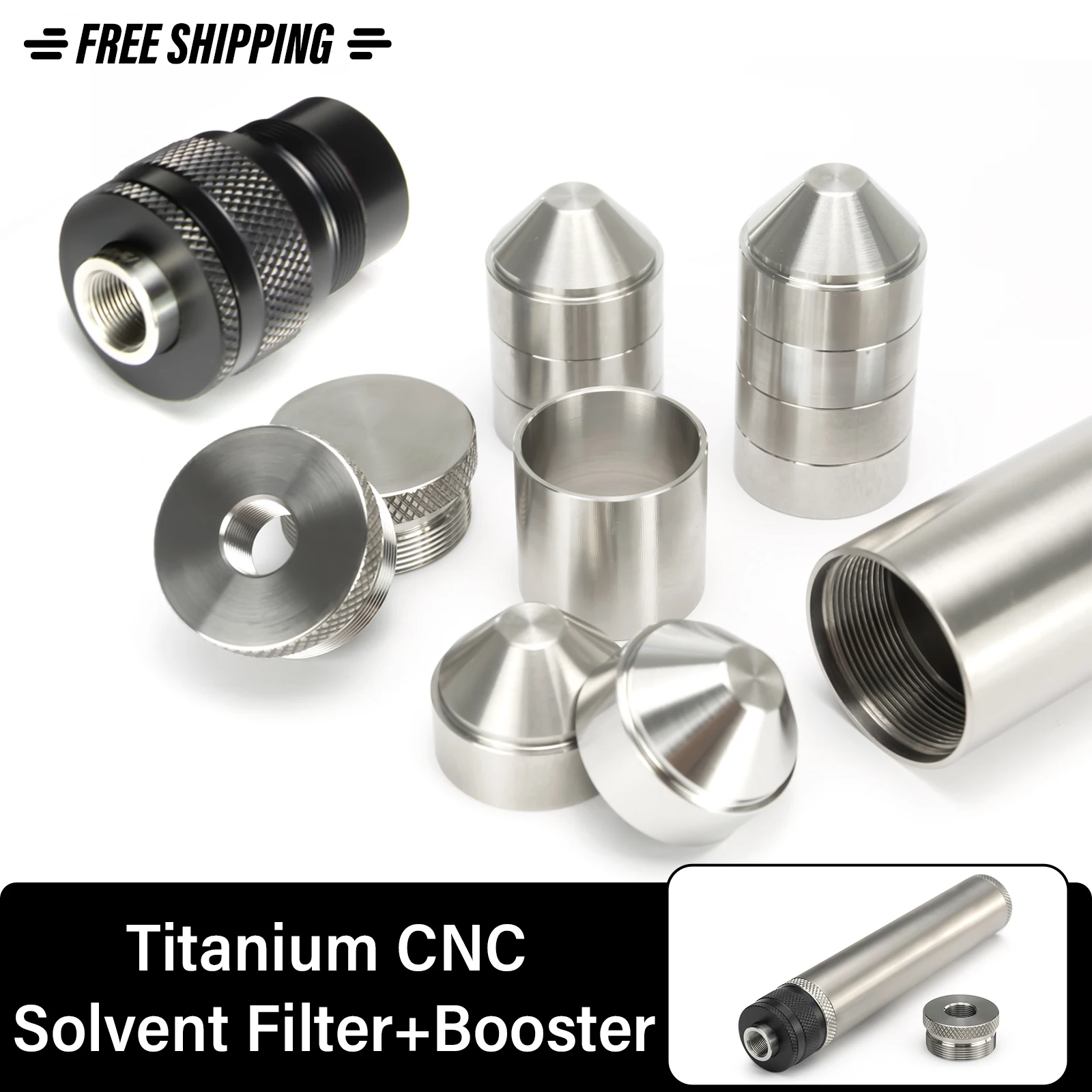 

1.45"OD 7"L Titanium 1/2x28 Solvent Tube 9x CNC SS Cups+ M34x1.25 to 1-3/16x24 Adapter + 1/2x28,13.5x1LH,9/16x24,.578x28 Booster